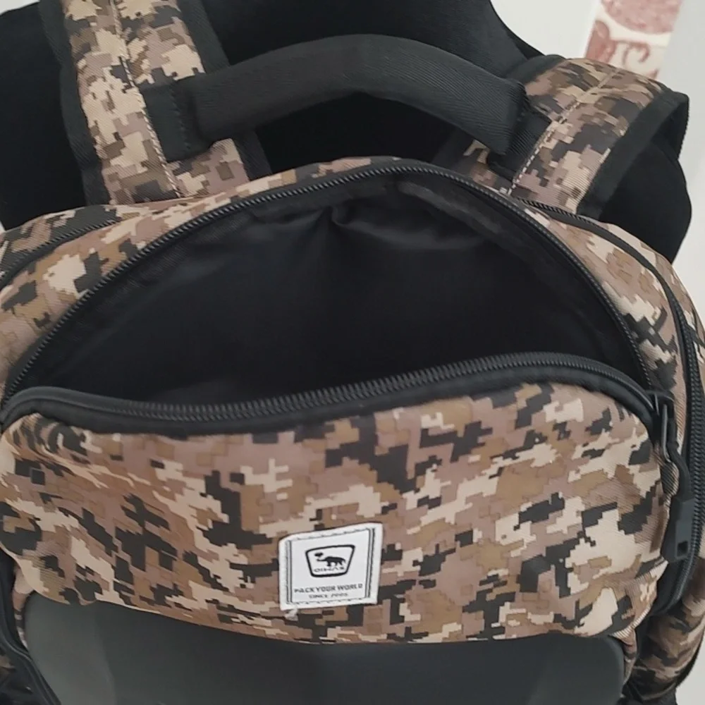 OIWAS Large Hardshell Front Camouflage Backpack Used Once Black Tan Brown Hard